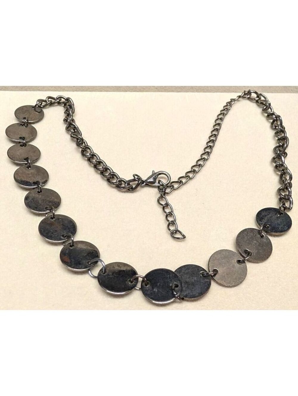 18" Gunmetal Dark Metal Disc Chain Necklace Adjustable Length SilverTone Lobster